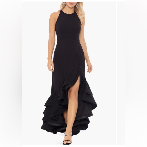 Betsy & Adam "ARIELLE" SCUBA Black CREPE RUFFLE SLIT GOWN size 2 - Picture 1 of 8